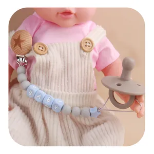 Planet style beech wood pacifier clip with silicone beads and gray silicone dummy