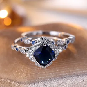 Luxury Royal Blue Square Zirconia Ring Set For Women Silver Plated Copper Halo Wedding Engagement Two Piece Ring Set Jewelry