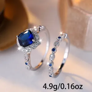 Elegant silver-tone square blue sapphire ring set with small diamonds for women
