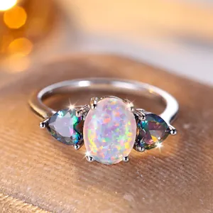 Oval White Opal Heart Shaped Colorful Stone Ring Electroplated Copper Fashion Jewelry For Women Dating Gift