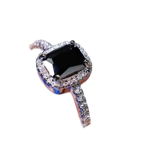 Elegant rectangle black gemstone ring with halo diamonds and white gold plating