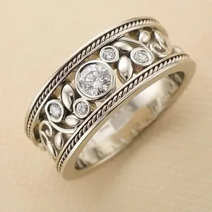 Vintage Baroque Hollow Flower Vine Leaf Wide Band Ring White Gold Plated Copper Zirconia Wedding Party Ring For Women