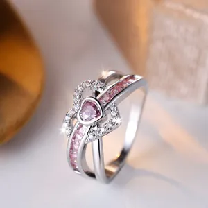 Romantic Heart Ring Pink Zirconia Copper Band Rhinestone Inlaid Fashion Jewelry For Women Valentine Day Gift Silver Color