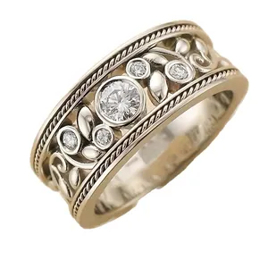 Baroque style wide hollow floral ring in champagne gold with sparkling crystals