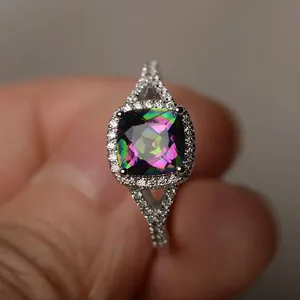 Luxurious cushion-cut mystic topaz ring with split shank and pave diamond halo