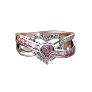 Double layer heart ring with pink gemstones and cross design for women