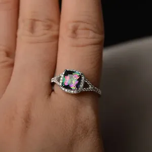 Elegant silver halo ring with square rainbow stone and pavé split shank design