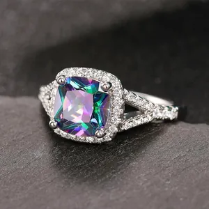 Luxury square mystic topaz ring with halo crystals and split shank silver band for women