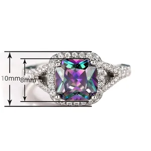 Luxurious 10mm square mystic topaz halo ring with sparkling side stones and silver band