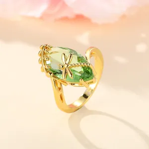 Vintage Dragonfly Copper Zirconia Ring For Women Gold Plated Marquise Green Pink Stone Wedding Party Jewelry Finger Ring