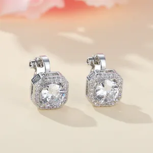 Octagonal halo sterling silver stud earrings with large central cubic zirconia stone
