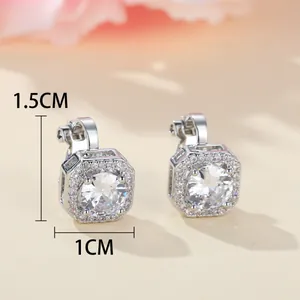 Silver octagonal halo stud earrings with clear square cubic zirconia stones