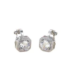 Elegant silver square earrings with sparkling cubic zirconia and hexagonal halo setting