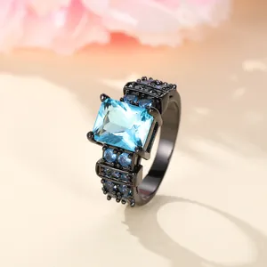 Vintage Black Plated Copper Emerald Cut Zirconia Ring For Women Luxury Square Blue Green Inlaid Band Fashion Jewelry Gift