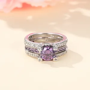 Elegante S925 zilveren 3-in-1 ringen set met ronde paarse edelsteen en kleine diamanten