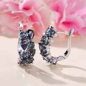 Silver drop-cut iridescent zircon earrings with pear-shaped stones and clicker closure