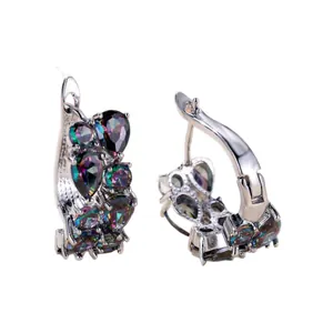 Silver earrings featuring pear-cut rainbow cubic zirconia stones in a minimalist hoop design