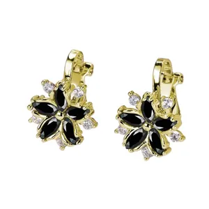Elegant gold flower clip-on earrings with black marquise petals and sparkling white zircon crystals