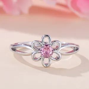 Women Hollow Flower Copper Ring With Pink Round Cubic Zirconia Silver Plated Elegant Floral Band Jewelry For Party Wedding
