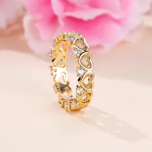 Minimalist Hollow Heart Ring For Women Gold Plated Copper Round White Zirconia Eternity Band Wedding Party Fashion Jewelry