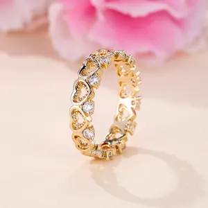 18K gold plated hollow heart ring with sparkling crystals and beaded edge detailing