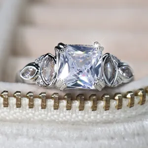 Elegant square cut silver ring with marquise diamonds and vintage polished finish