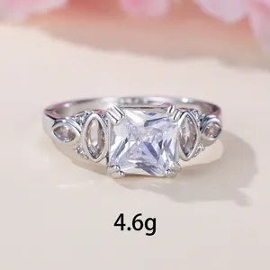 Elegant square white zircon silver ring with marquise side stones and 4.6g weight