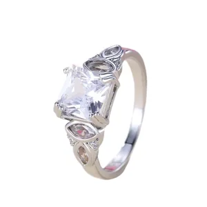 Elegant silver square princess cut diamond ring with marquise accent stones for women