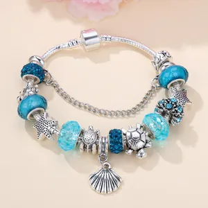 Classic Ocean Theme Charm Bracelet Alloy Snake Chain With Blue Crystal Glass Beads And Starfish Turtle Pendants Fashion Jewelry