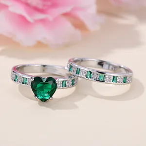 Fashion Copper Emerald Green Heart Cubic Zirconia Ring Set For Women Silver Plated Heart And Band Finger Rings Jewelry Gift