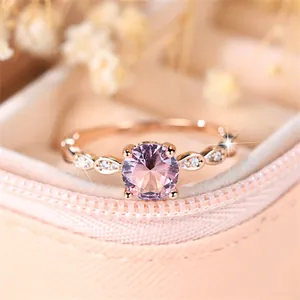 Women Elegant Copper Ring With Round Pink Cubic Zirconia Leaf Design Rose Gold Plated Fashion Jewelry Wedding Party Romantic Gift