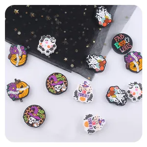 Halloween theme PVC shoe charms set featuring ghosts pumpkins and spooky slogans