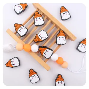 Cuentas de silicona de fantasmas con sombreros naranjas para sujetachupetes DIY y mordedores
