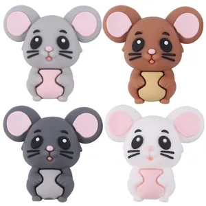 Detail of 3D cartoon mouse silicone teethers in gray, brown, and white colors