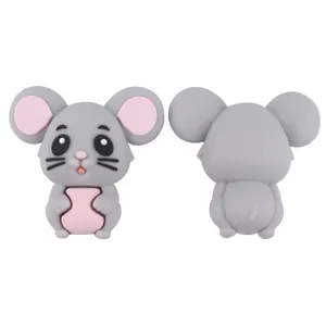 Front and back view of a grey cartoon mouse silicone pendant for baby pacifier clips