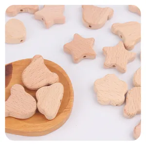 Natural beech wood beads in star and bear shapes for DIY baby pacifier clips