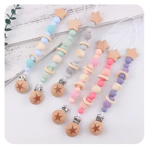 Silicone Beech Wood Star Baby Pacifier Clip Holder With Handmade Crochet Beads Teething Toy Chain For Infants Toddler