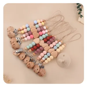 Buchenholz Silikon Perlen Baby Schnullerkette Herzform Anti-Fall Kette Für Säuglinge Beruhigende Nippel Halter Leine
