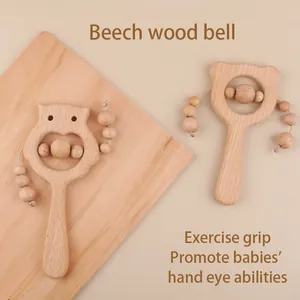 Natürliche Buchenholz Baby Rassel Beißring Spielzeug Cartoon Eule Bär Montessori Sensorisches Greifspielzeug Neugeborene Zahnhilfe Geschenk
