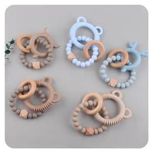 Baby Silikon Beißring Armband Mit Natürlichem Buchenholzring Cartoon Tierform BPA Frei Säuglings Beißhilfe Greifspielzeug