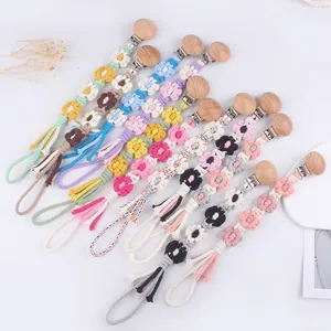Handgeflochtene Baumwollseil Schnullerkette Mit Buchenholzclip Cartoon Blumenmuster Für Säuglinge Baby Anti-Drop Schnullerhalter Leinen Schnullerband Zubehör