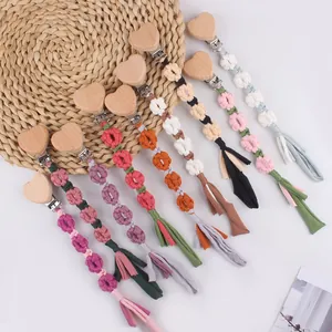 Handmade Woven Cotton Daisy Pacifier Clip Heart Wooden Holder Anti-lost Chain For Babies Infants Toddlers Nipple Strap With Tassel