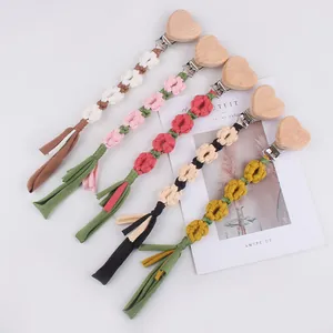 Handmade woven cotton daisy pacifier clip set with heart wooden buckle and tassels