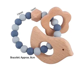 Baby bird beech wood and silicone rattle teether ring with colorful morandi beads