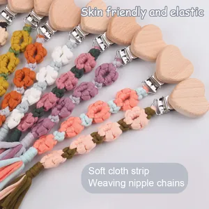 Handmade woven daisy pacifier clips with heart wood clips for babies in multiple colors