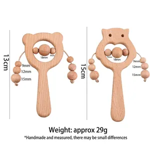 Baby-Rassel-Set aus Buchenholz mit Bär und Eule, umweltfreundliches Beißring-Spielzeug