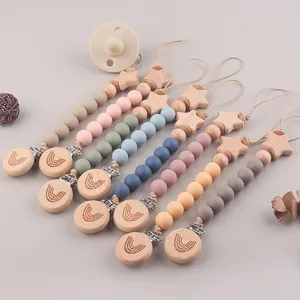 Beech Wood Silicone Beads Pacifier Clip Rainbow Star Pattern Infant Soother Holder Anti-Drop Chain For Babies Toddlers