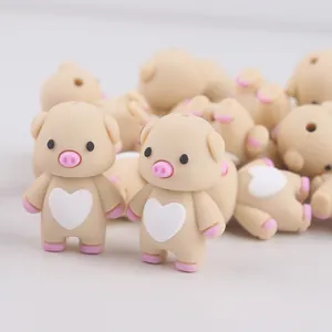 Cute 3D pig silicone beads with pink ears and white heart for DIY baby teething jewelry