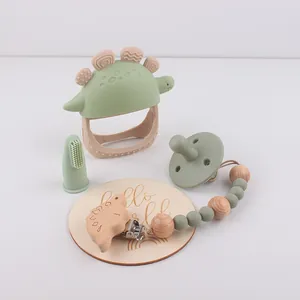 Detailweergave van siliconen dinosaurus bijtringset met speenketting in Morandi groen