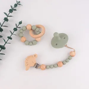 Platliggende set van babyfopspeen, bijtring en dinosaurus fopspeenclip